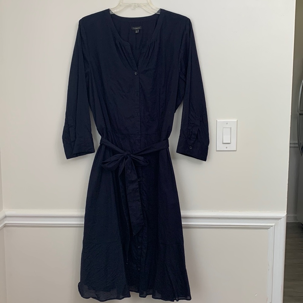 Talbots navy cotton shirt dress 3/4 sleeves